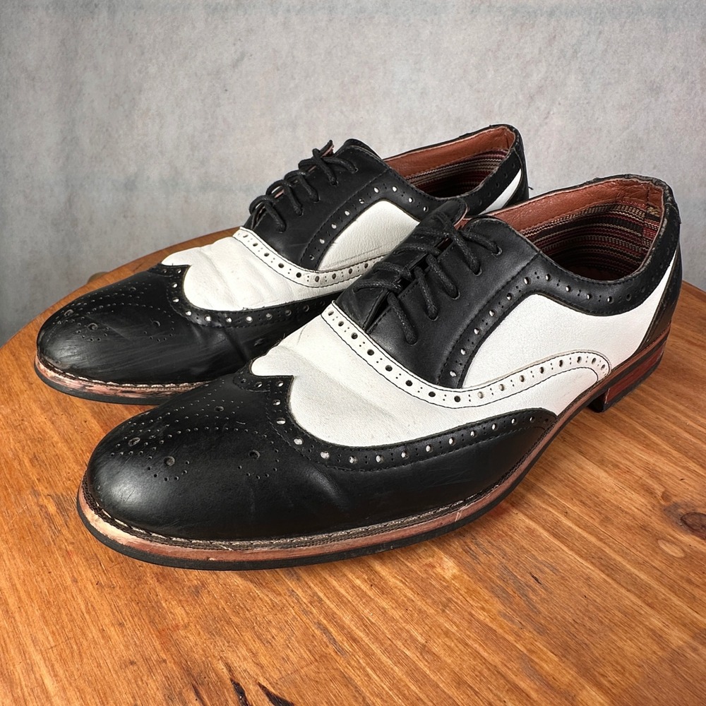 Ferro Aldo Oxford Shoes Mens 8.5 Black White Good Wingtip Spectator Brogue